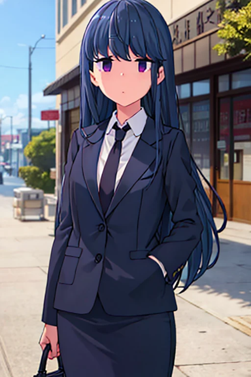 1girl, rin shima, purple eyes, suit, office lady, black skirt, black blazer, pencil skirt, white shirt, collared shirt, long hair, teenager, looking at viewer, full body, sad face