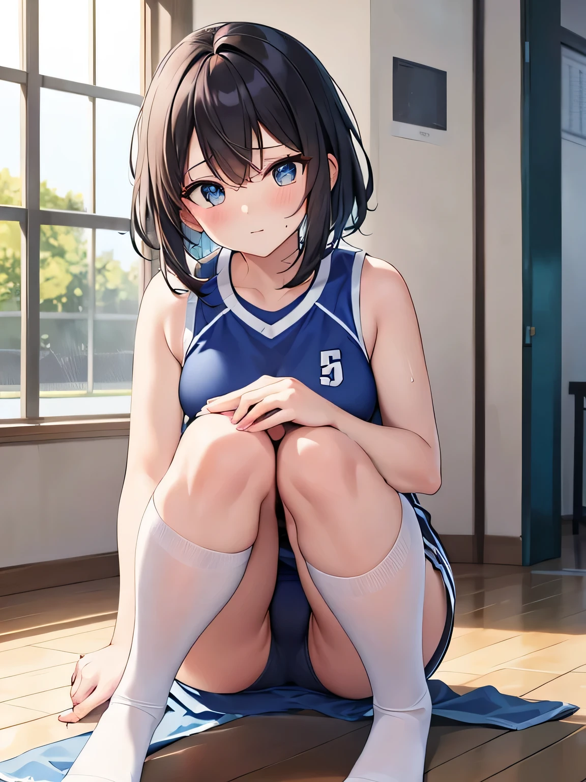 (She is wearing white knee supports on both knees.:1.8)、