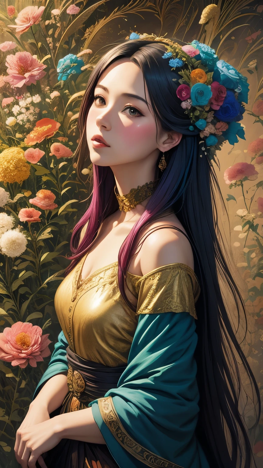 a drawing of a woman with flowers in her hair, a detailed drawing, by Yoshihiko Wada, fantasy art, el bosco and dan mumford, illustration in the golden ratio, anime tribal girl with long hair, anime girl with teal hair