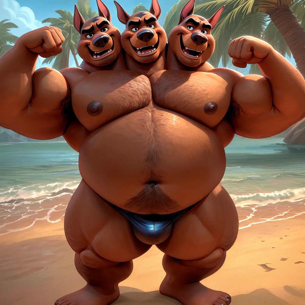solo, (doberman pinscher, doberman pinscher tail), three heads on one body, three headed identical conjoined triplet brothers, (identical faces:1.3), (adult male, 50 year old male, (stylized 3d, by disney, by rembrandt), by pixar, by dramamine, (tall:1.3, burly, manly, beefy, obese, fat), beach background, (thong, bulge, navel, nipples), correct hands, correct anatomy, (detailed eyes:1.2, cartoon eyes:1.2, small dark pupils, masculine eyes, narrow eyes, six eyes), (ultradetailed, best quality, detailed masterpiece, highly detailed masterpiece, 4k, professional cartoon:1.7), ((flexing:1.3, natural pose:1.3, nuanced expressions:1.3)), (((dadbod)))