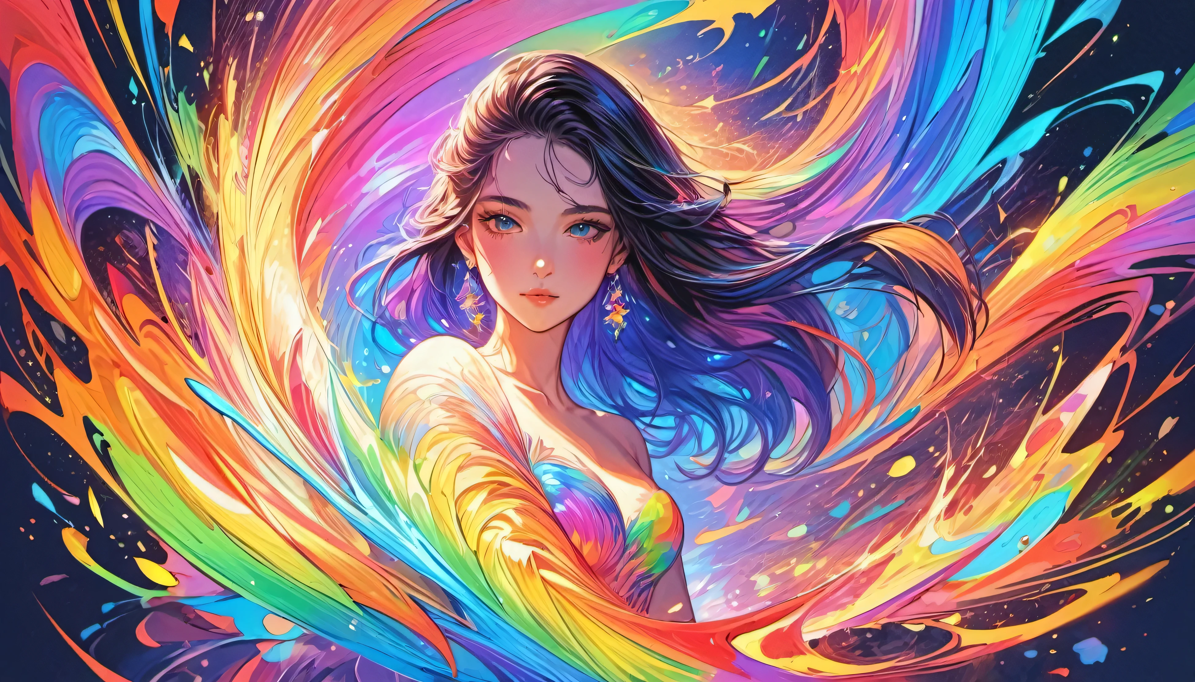 obra de arte,Melhor qualidade,brilhante,sparks,raio,Chromatic aberration,rainbow fusion with woman,obra de arte,18 anos,Ombros nus,estilo de arte de fantasia,estilo de arte realista