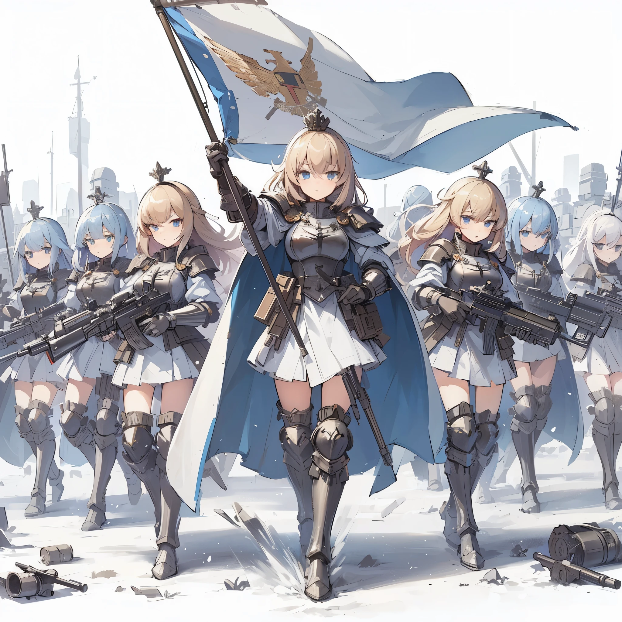 Masterpiece, best quality, ultra-detailed, anime style, full body of Imperial Guard Girls, Astra Militarum, battle group, squads, combat armor, raise up army war gear, raise up the flag, standing on battle ground, 8k high resolution, trending art station, white background, whole body, Warhammer 40000
