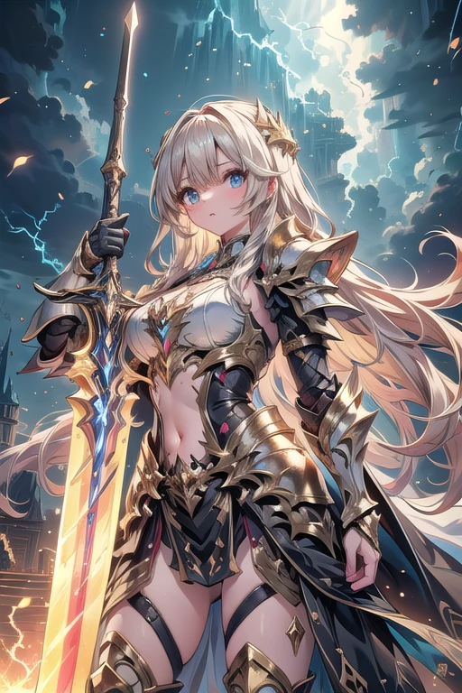 super realistic image, high quality uhd 8K, of (1 god girl, Hilyn), detailed realistic ((athletic body, high detailed)), ((tall model)), (skinny waist), ((beautiful bright blonde long hair)), ((no beard)), high detailed realistic skin, (((powerful and fantastic full armor, divine golden fantasy armor))), (((casting lightning magic spells with great golden fantasy sword))), ((white fur cape)), ((magical hearts of light)), (in guardian position, in the valhalla), real vivid colors, standing
