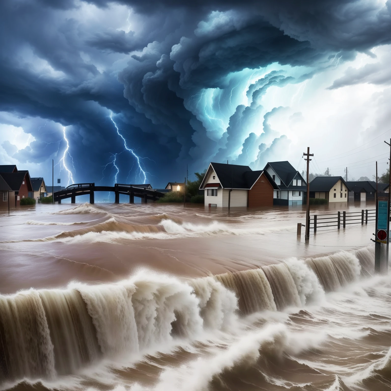 arafed storm over a flooded street with houses and a bridge, violent stormy waters, outside a storm rages, painting of flood waters, storm background, dramatic stormy scene, storms, weather photography, storm weather, severe weather storms, stylised storm, menacing!, an amazing photo, amazing photo, shutterstock, menacing!!!, raging storm