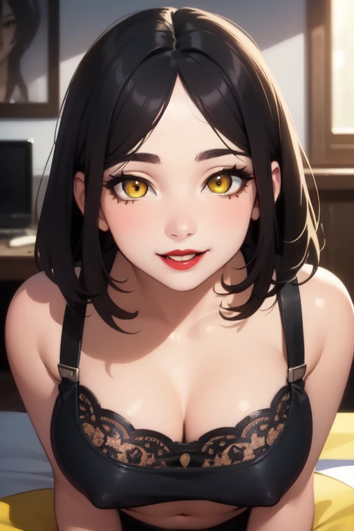 official art), ((best quality)), (masterpiece), (ultra-detailed), (high resolution), (realistic), (photo realistic), ((Cinematic light 1.2)), (((1 girl 18 years years))), ((High resolution)), (visible features), ((beautiful face)), ((detailed)), ((Anatomically correct)), ((Ultra-detailed face and skin texture)) , (((expressive yellow eyes: 0.7, bright yellow eyes)), ((intricate eyes)), ((beautiful, detailed eyes)), ((symmetrical eyes)), (realistic), (thin eyebrows), (eyeliner), ((perfect nose)), (red lips), ((wide smile)), sunlight, shine, (black hair), medium hair, bangs, (medium breasts), (round breasts), shirt without shoulders, ripped shorts, (speed lines: 1.1), (Smile, vampire), sensual pose, ((photorealistic: 1, 37)), ((extremely detailed 8k CG unit)), Post-processing, messy room.