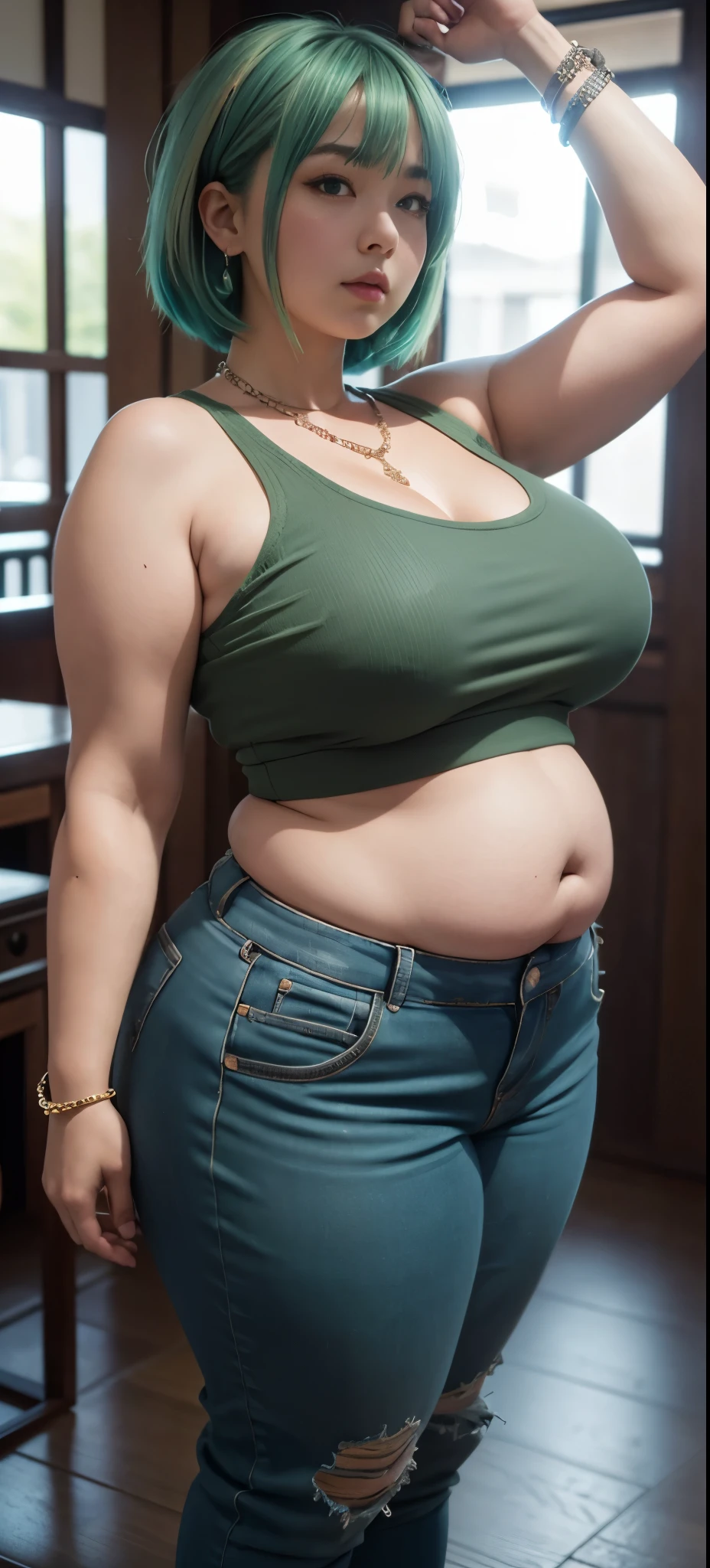 photorealistic, high resolution, soft light,1women, solo, wide hips, (detailed face),tattoo, jewelry, , , blue and green hair Color , (closeup), wide angle,, (busty), armpit , Slightly fat belly, large breasts, full body angle, 45 years old woman , thick thighs , thick arms , standing in dark rooms, short pants, wearing a three bracelet, wearing two diamond necklace , wearing a watch, wearing airmax shoes , japanese goddess, wavyshort hairstyle, fat belly, thick fat belly, thick wide hips, thick arm, bbwchan, massive arm, full body, wearing long t-shirt that covered her belly