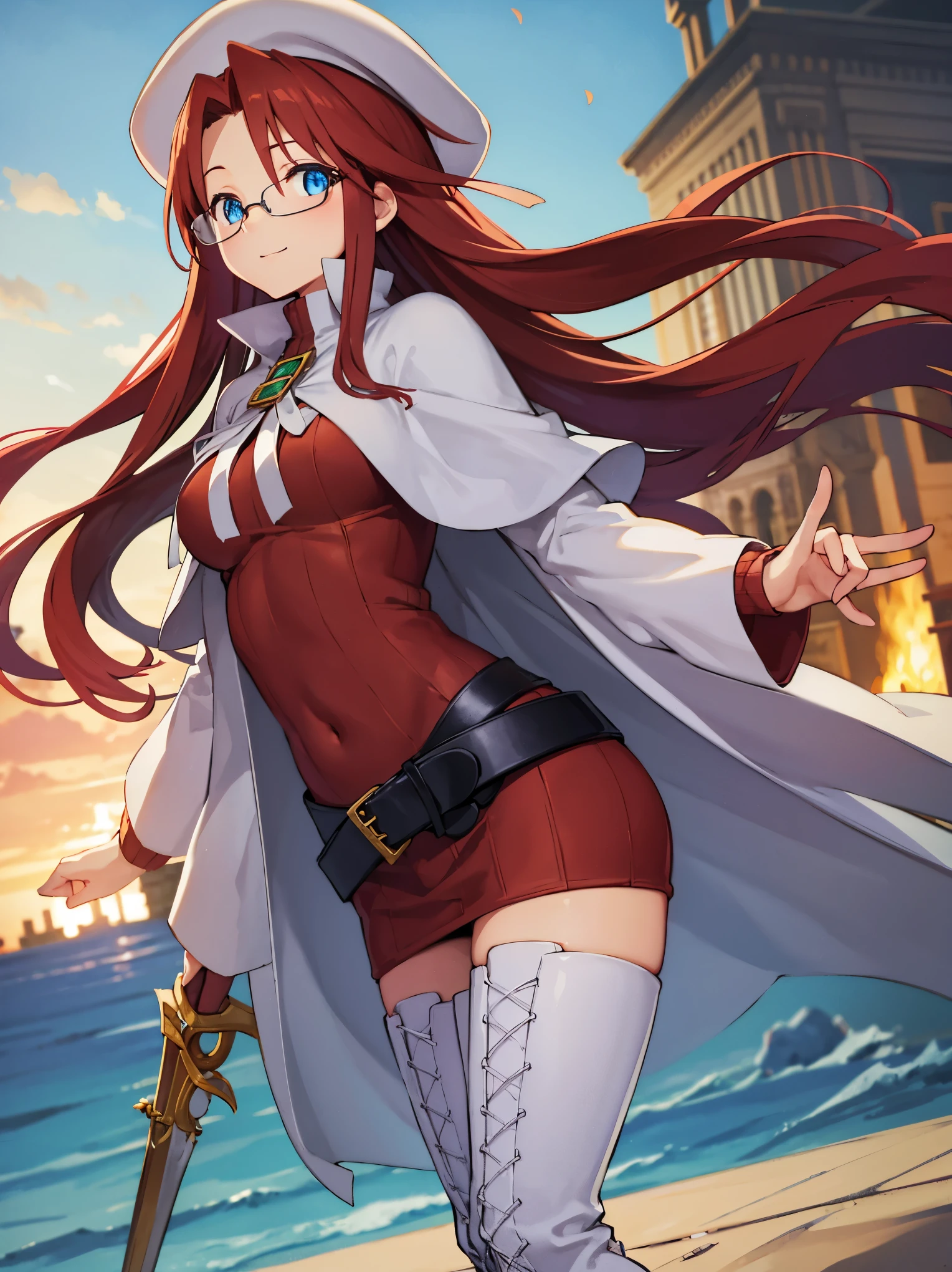 summonnightaty, aty, long hair, blue eyes, red hair, beret, hat, glasses,
BREAK long hair, thighhighs, hat, dress, boots, glasses, belt, cape, sweater, zettai ryouiki, beret, thigh boots, white footwear, ribbed sweater, loose belt,solo,
BREAK outdoors, fantasy,on_a_ship,
BREAK (masterpiece:1.2), best quality, high resolution, unity 8k wallpaper, (illustration:0.8), (beautiful detailed eyes:1.6), extremely detailed face, perfect lighting, extremely detailed CG, (perfect hands, perfect anatomy),covered_nipples,covered_navel,light_smile ,(half_eyes:1.4),sword,armpit,sleepy,dynamic_standing,barrel,red_sweater,apart_legs,magical_effect,back,ass ,