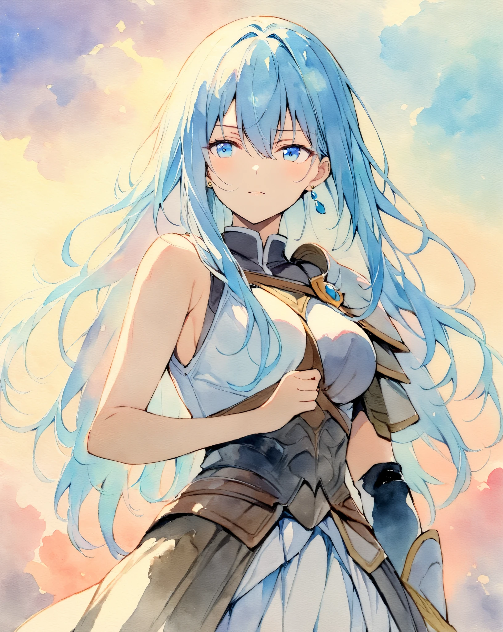 masterpiece, best quality, watercolor (medium), 1 girl, breast, alone, long hair, split, Sky blue hair, blue eyes, earrings, Bangs, jewelry, skirt, bare shoulders, sleeveless, hair between eyes, 单pauldron, looking at the audience, large breast, armor, shoulder armor, sleeveless skirt, Upper body, single sleeve, white skirt, pauldron, contempt