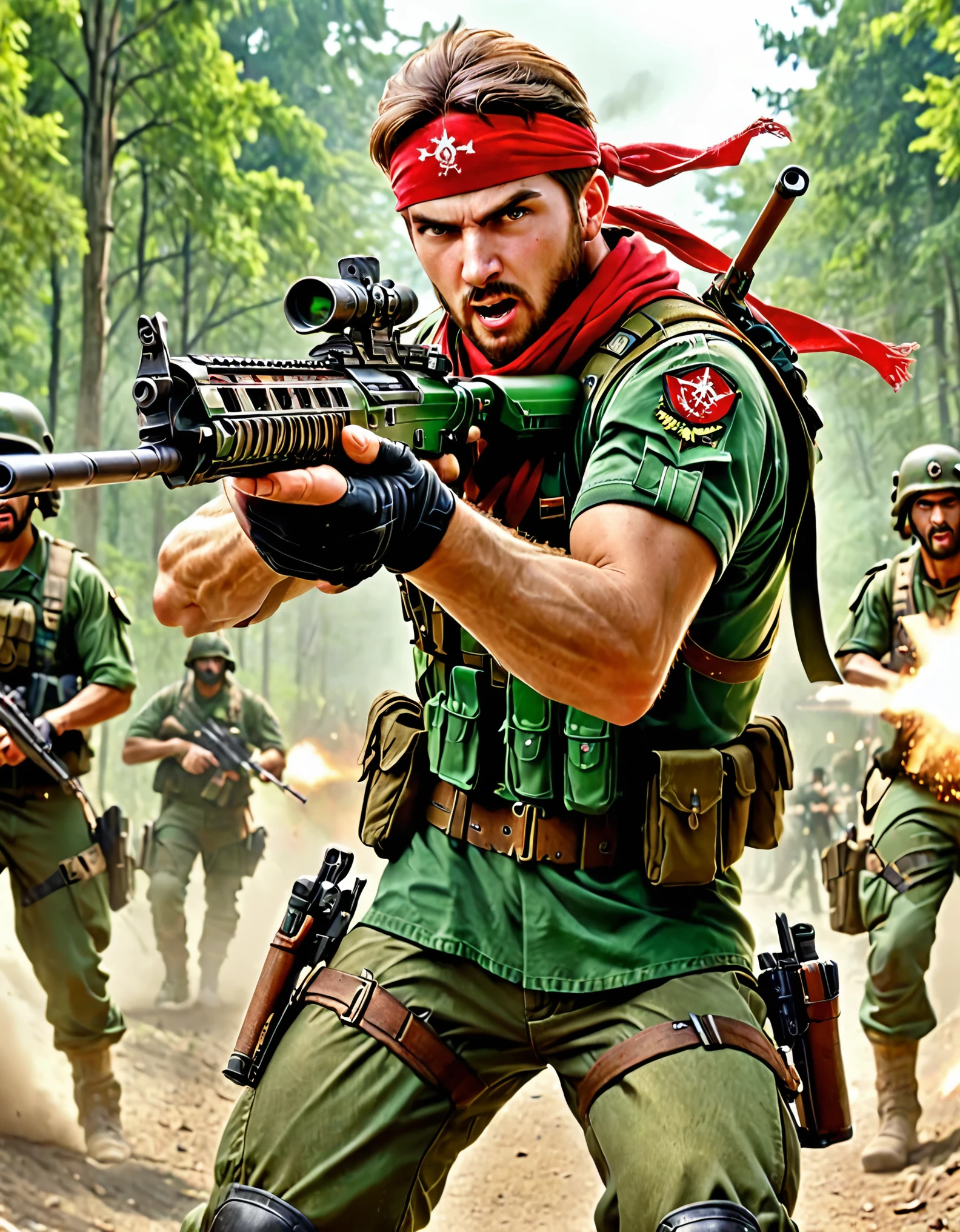 male focus, solo, solo focus, mercenary, brown hair, hazel eyes, facial hair, bullet belt, green uniform, combat boots, red bandana, (aiming and firing an assault rifle, rifle shell casings, muzzle flash) (angry, screaming, open mouth), war zone