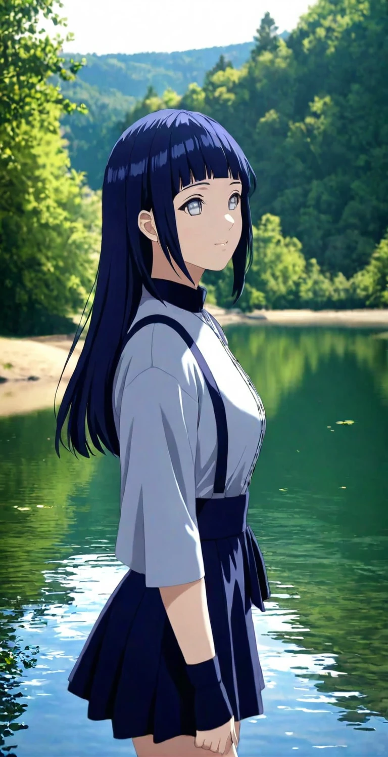 close-up from side, (30 years old adult-Hinata) walk next to lake, [enchanting, surreal, studio lighting, HDR, UHD, K]