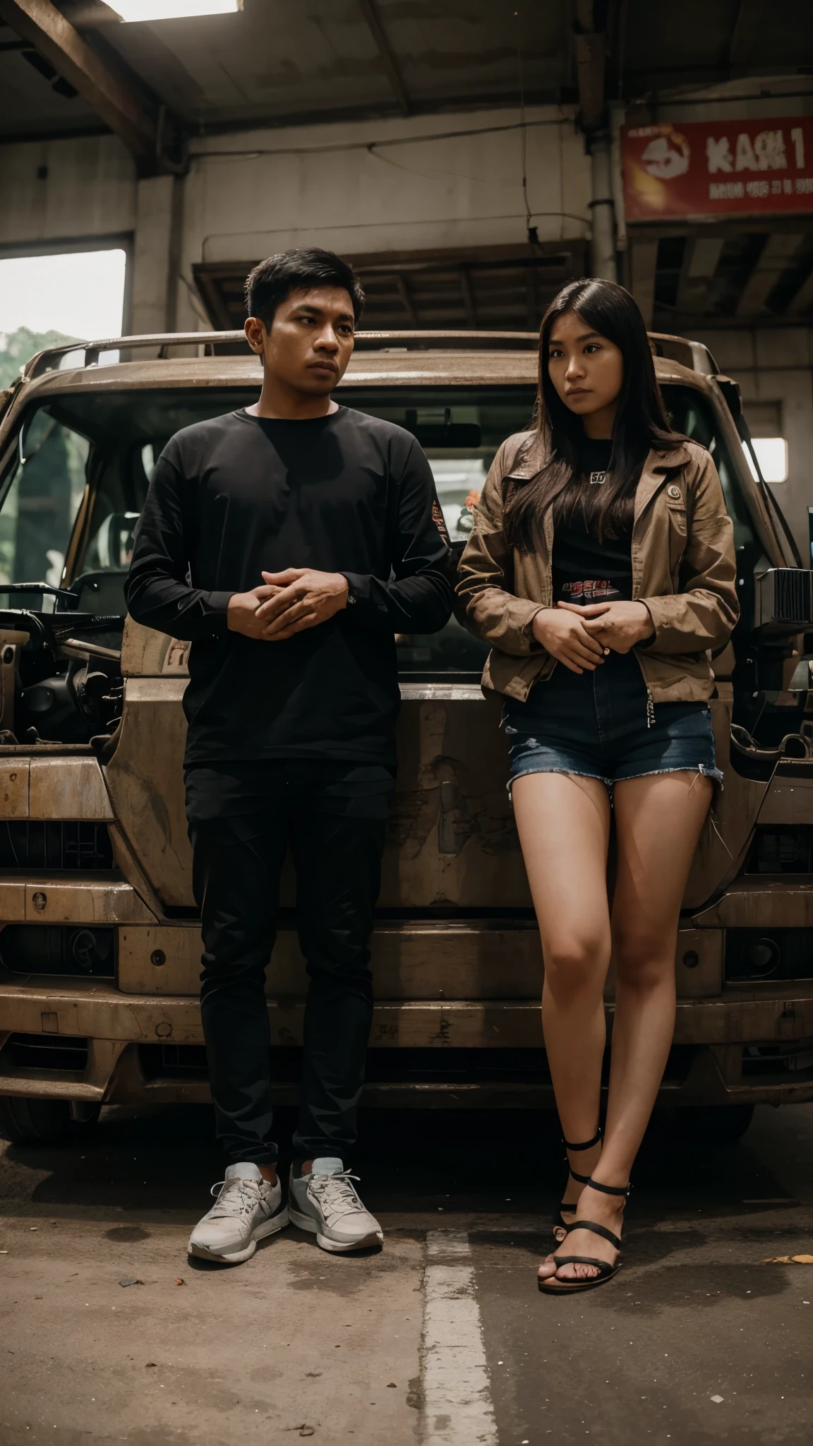 1 Indonesian girl aged 25 years and 1 Indonesian guy aged 28 years dating, realistic, super detailed, unreal machine, 8k, raw image, angry face, berpakaian casual