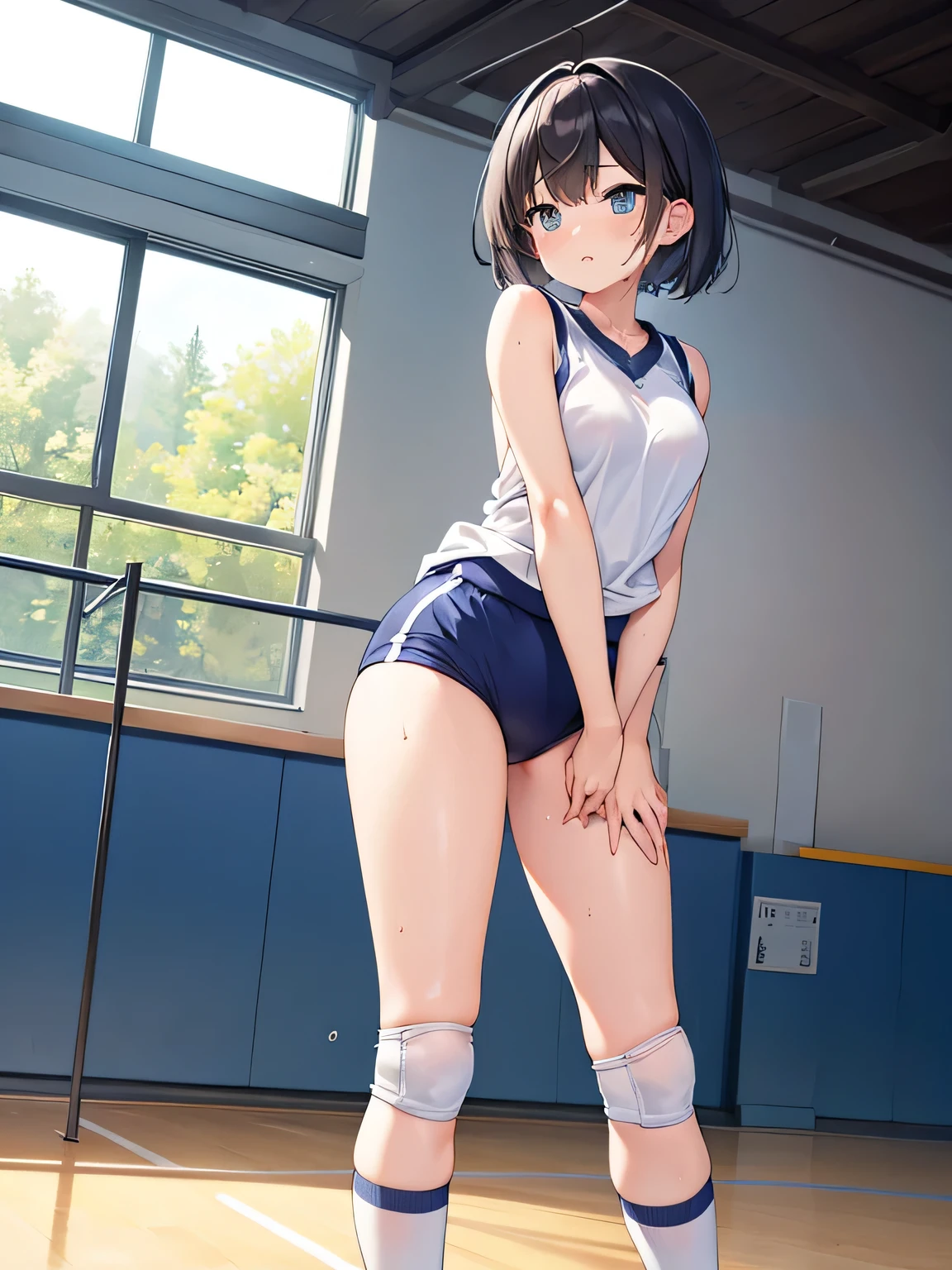 (masterpiece、highest quality、High resolution、realistic pictures、real looking skin:1.1)、 
(A woman is standing in a volleyball uniform:1.8)、 
(I&#39;m standing up and wiping my sweat with a towel while taking a break.:1.8)
(A look of victory:1.5)、 
(Light blue uniform top and bottom:1.5)、
(The uniform top is a sleeveless T-shirt that is very tight and shows off the body line clearly.:1.8)、
(The uniform bottoms are also quite tight, with an inseam of 8cm, showing the shape of her buttocks clearly..5cm game pants:1.8)、 
(She is wearing white knee supports on both knees.:1.8)、 
(She has white knee socks on both feet.:1.8)、 
(black short hair:1.5)、 
(The location is the volleyball court inside the gymnasium.:1.8)、 
1 Japanese girl、solo、full body esbian、beautiful eyes、shining eyes、Shining thighs、NSFW