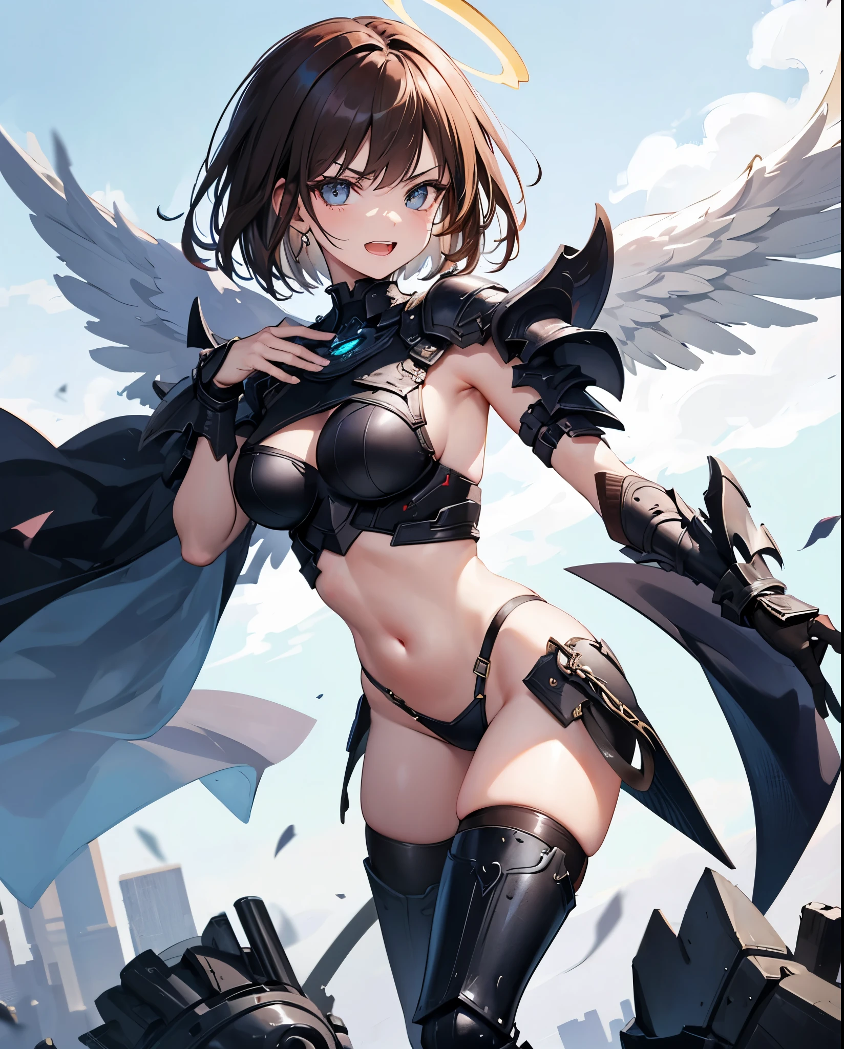 fantasy, 1angel_girl,(_teen:, ,brown_hair, medium_bob_hair, long_bangs, halo,bare_shoulder,thighhighs,silver_armor, waist_armor, large_breasts,angry,grinning,open_mouth_teeth, 1pair_wings, dynamic_pose_fighting,floating, bare_crotch, headgear,gauntlet, greaves,city_background,slightly_spread_legs, solo, groin_naked,