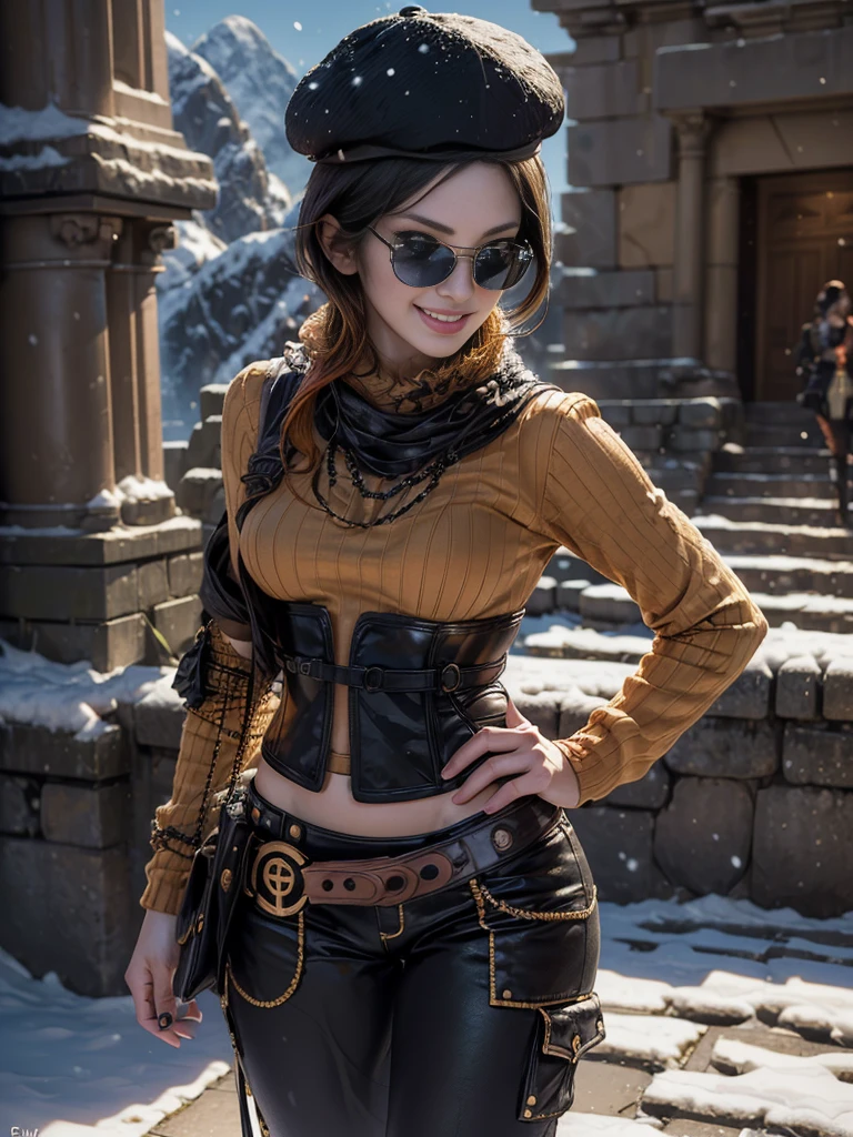 (masterpiece,stunning girlfriend, (standing:1.1), dynamic pose, heart shaped face,elegant face, beautiful face, highly detailed face, highly detailed skin, skin pores, subsurface scattering, realistic pupils, loving smile, looking at viewer, full lips, detailed background, depth of field, atmospheric perspective, volumetric lighting, sharp focus, absurdres, realistic proportions, good anatomy, (realistic, hyperrealistic:1.4), 16k hdr, (masterpiece, best quality:1.2), cowboy shot, solo, 1girl, coco adel, grin, looking at viewer, hand on hip, beret, sunglasses, orange sweater, corset, black gloves, pants, jewelry, belt, bandolier,  standing outdoors, Machu Picchu, peru, snow