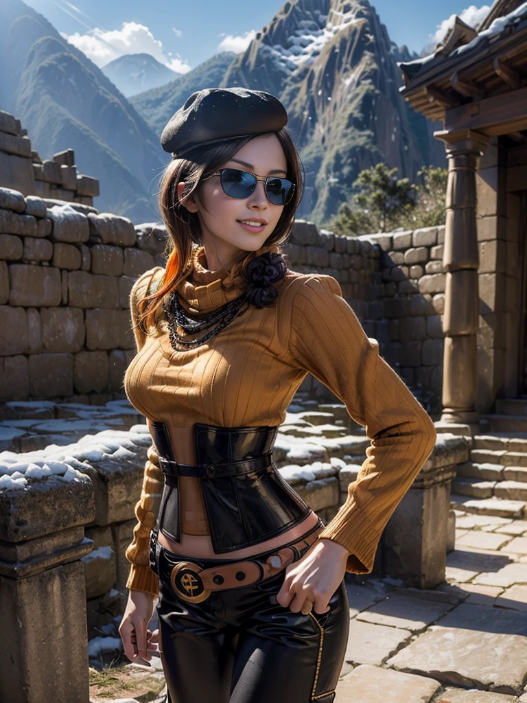 (masterpiece,stunning girlfriend, (standing:1.1), dynamic pose, heart shaped face,elegant face, beautiful face, highly detailed face, highly detailed skin, skin pores, subsurface scattering, realistic pupils, loving smile, looking at viewer, full lips, detailed background, depth of field, atmospheric perspective, volumetric lighting, sharp focus, absurdres, realistic proportions, good anatomy, (realistic, hyperrealistic:1.4), 16k hdr, (masterpiece, best quality:1.2), cowboy shot, solo, 1girl, coco adel, grin, looking at viewer, hand on hip, beret, sunglasses, orange sweater, corset, black gloves, pants, jewelry, belt, bandolier, standing outdoors, Machu Picchu, peru, snow