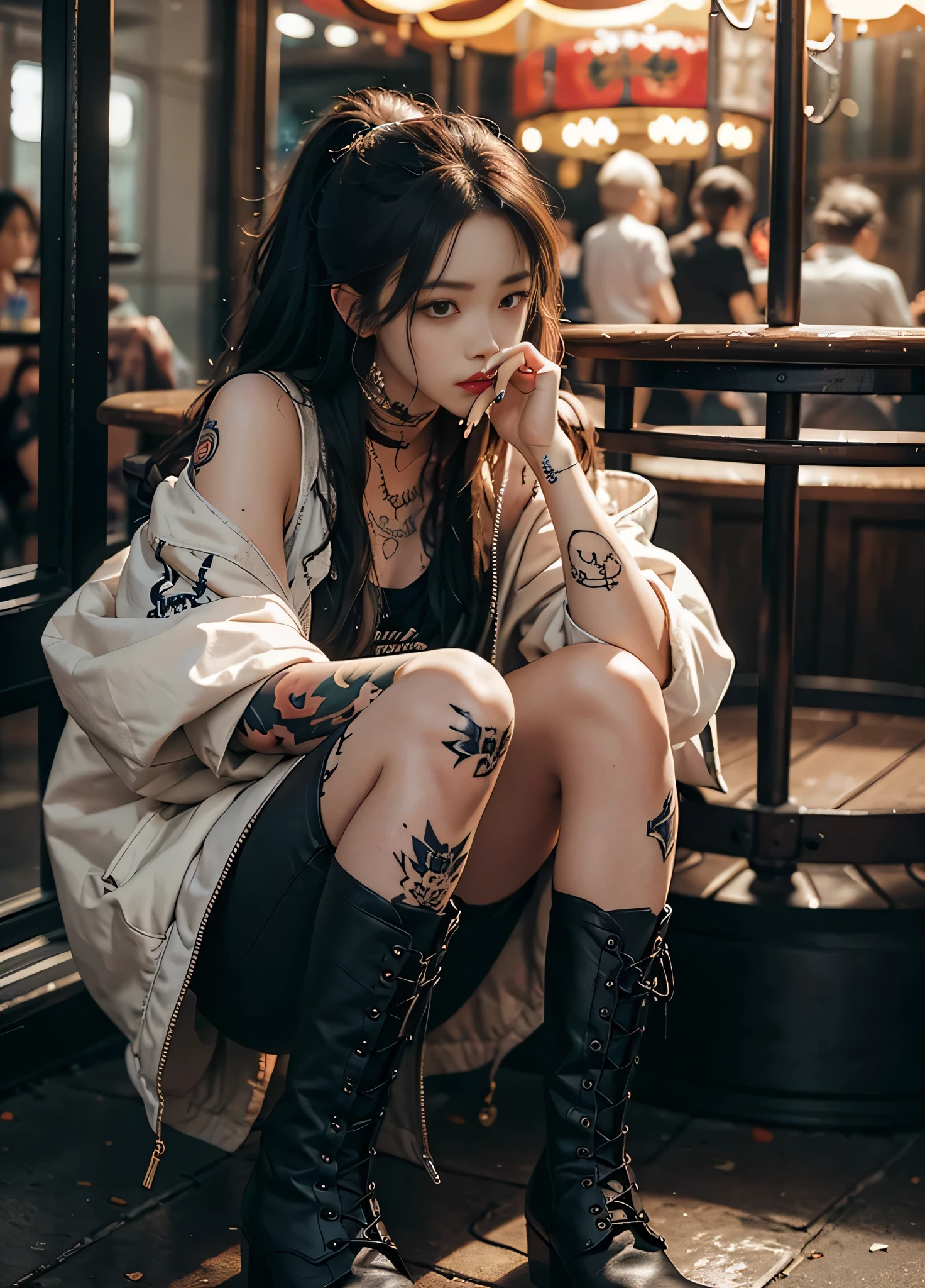 arafed woman with tattoos smoking a cigarette in a carousel, (( smoking a cigarette)), Cai Xukun, ((wearing boots)), Cai Xukun, of taiwanese girl with tattoos, Inspired by Elsa Breda, Written by Emma Andijewska, with tattoos, tattooed, inked, Inspired by Kim Duk-shin, tattoo, The aesthetics of War Paint, yakuza slim girl, Neutral person, by Mika Klein