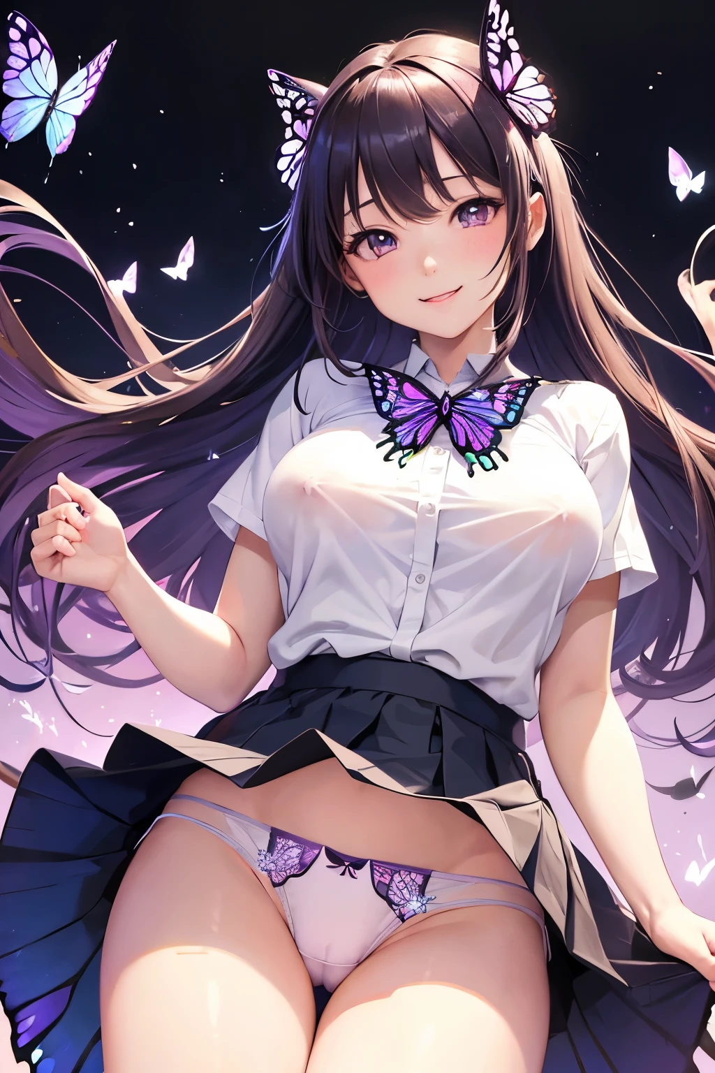 (Representative work: 1.2), (Best image quality: 1.2), Solo, Only Daughter, Shinobu Little Butterfly, Happy Smile, Light Japan Sword, (White shirt: 1.4), Face, Realistic eyes, Lilac eyes, Wet face, Black hair, (Butterfly panties: 1.5), (purple Micro panties:1.2), Taisho era, Spread your legs, from below, (lift your skirt:1.3), show off your panties, (lift yourself:1.3), ultra mini skirt, (Dynamic Pose: 1.2),erected nipple silhouette,large breasts