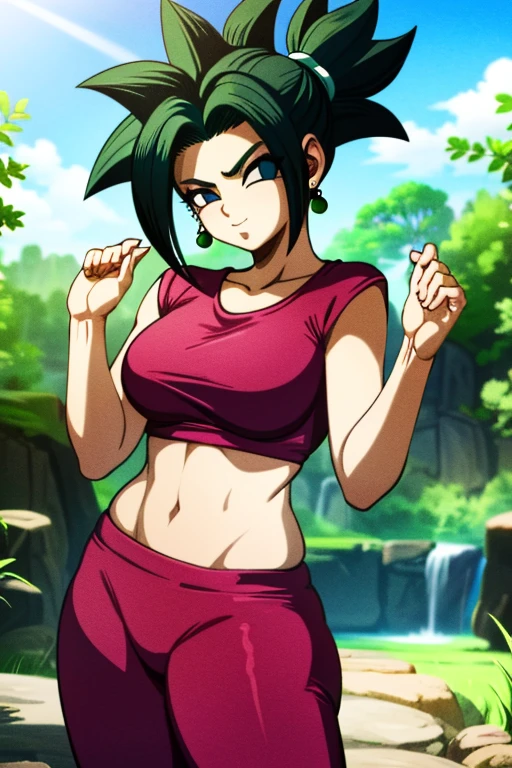 Kefla , 1girl, Sozinho,  olhando para o espectador, , cabelo vermelho, asymmetrical hair, blurry, tronco, lips, Segurar a boca, sombra, profundidade de campo, seios grandes, seios gordos, coxas grossas, Melhor qualidade:1.3), (, ((rosto detalhado)),((Sorriso)), ((curvy body)), (seios grandes), sensual, (( cortar o cabelo )), ((trouser neckline ), ((blue sky)), ((inclinando-se para frente)), olhando para o espectador, , 
