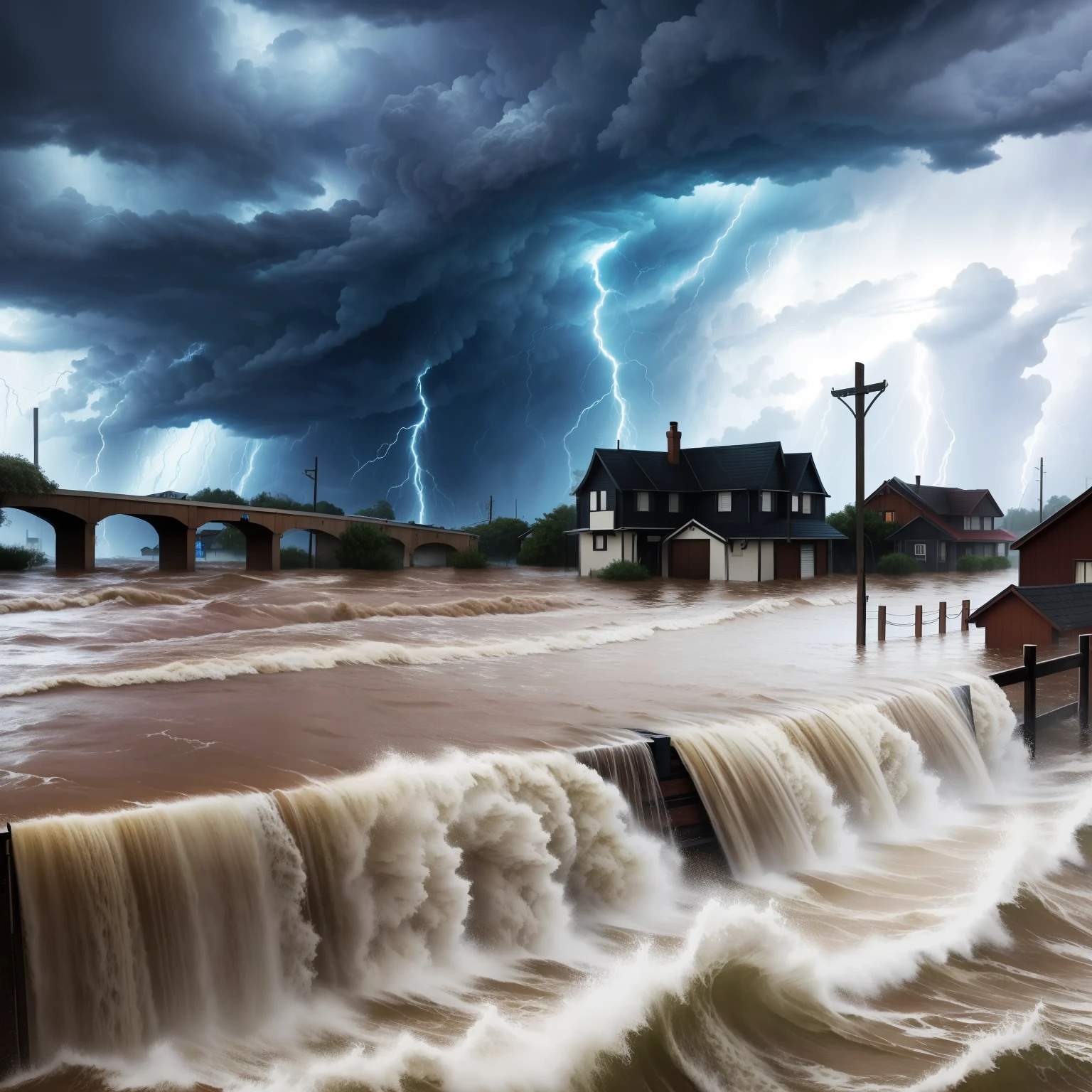 arafed storm over a flooded street with houses and a bridge, violent stormy waters, outside a storm rages, painting of flood waters, storm background, dramatic stormy scene, storms, weather photography, storm weather, severe weather storms, stylised storm, menacing!, an amazing photo, amazing photo, shutterstock, menacing!!!, raging storm
