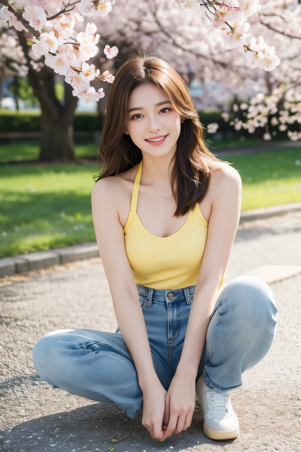 -Top quality, masterpiece, Brown Hair, wearing yellow mini top and light jeans, Shy Smile, Cherry Blossoms, Spring, Sunlight, Full Body Shot
-Best quality, Beautiful woman with brown hair, Yellow halter top, Skinny jeans, Under cherry blossoms, Spring day, Gently smiling, Full body
-High resolution, Young woman, Brown shiny hair, Yellow crop top, Light denim jeans, Smiling softly, Sakura trees background, Spring vibe, Outdoor
-Masterpiece, 1 girl, Brown hair, Wearing yellow tank top and light blue jeans, Soft smile, Cherry blossom park, Spring season, Natural sunlight
-Quality focus, Brown-haired beauty, Yellow bralette, Faded jeans, Sakura and spring atmosphere, Joyful smile, Outdoors in daylight, Full view