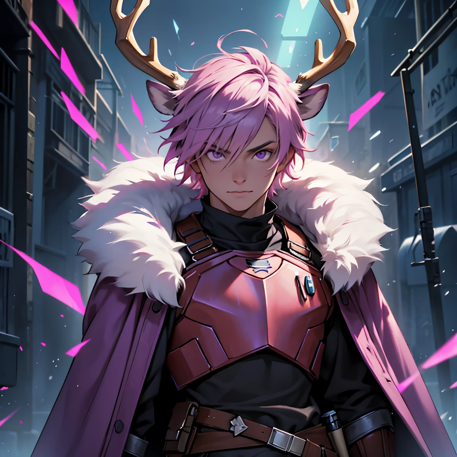Young Male, Jedi Knight, Purple Cloak, Fur Hood, (( Deer Antlers )), Pink Hair, Short Hair, Purple Eyes, Plate Armor, Handsome, Standing, Deftly wielding a lightsaber, a long vibrant pink light coming from the holster, Facing the viewer, Confident Expression, high-res portrait, Fantasy, Vibrant Colors, dark lighting, Cinematic, Background, HDR, 3D, HD, Very Detailed, Masterpiece