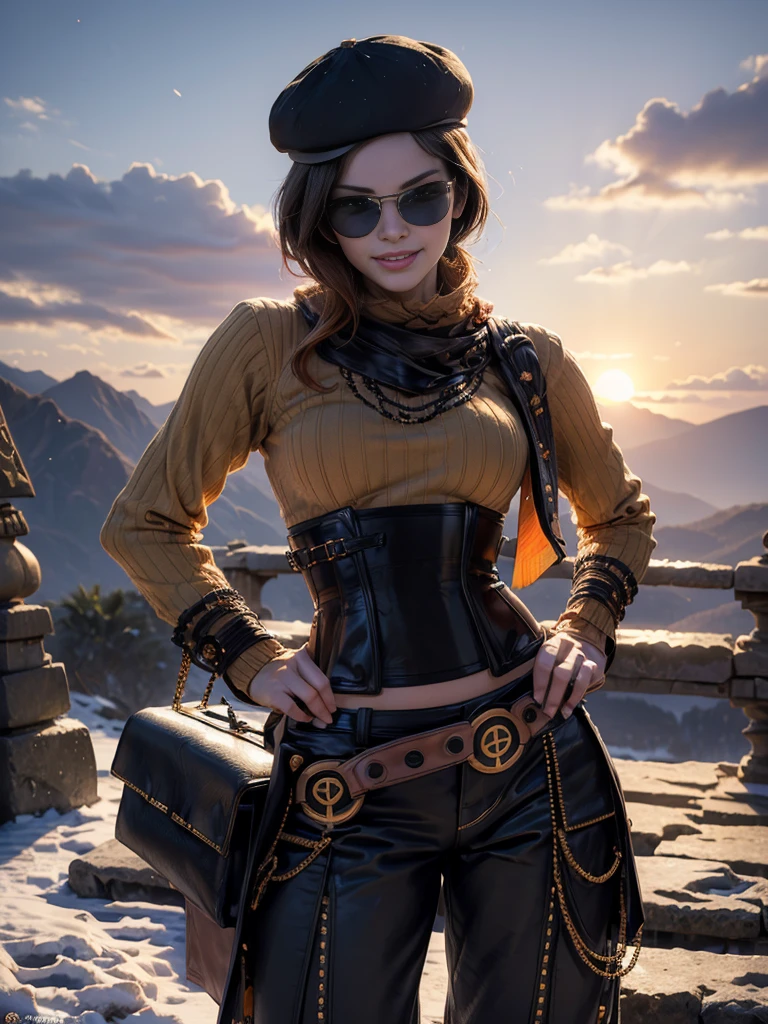 (masterpiece,stunning girlfriend, (standing:1.1), dynamic pose, heart shaped face,elegant face, beautiful face, highly detailed face, highly detailed skin, skin pores, subsurface scattering, realistic pupils, loving smile, looking at viewer, full lips, detailed background, depth of field, atmospheric perspective, volumetric lighting, sharp focus, absurdres, realistic proportions, good anatomy, (realistic, hyperrealistic:1.4), 16k hdr, (masterpiece, best quality:1.2), cowboy shot, solo, 1girl, coco adel, grin, looking at viewer, hand on hip, beret, sunglasses, orange sweater, corset, black gloves, pants, jewelry, belt, bandolier,  standing outdoors, Machu Picchu, peru, snow