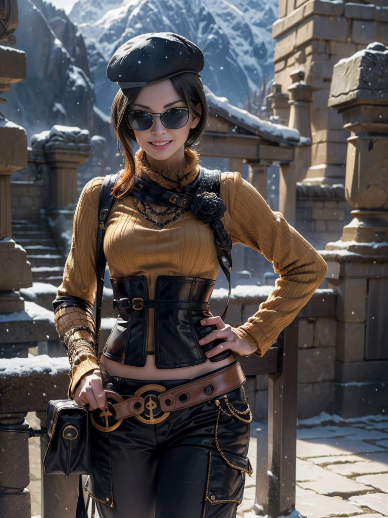 (masterpiece,stunning girlfriend, (standing:1.1), dynamic pose, heart shaped face,elegant face, beautiful face, highly detailed face, highly detailed skin, skin pores, subsurface scattering, realistic pupils, loving smile, looking at viewer, full lips, detailed background, depth of field, atmospheric perspective, volumetric lighting, sharp focus, absurdres, realistic proportions, good anatomy, (realistic, hyperrealistic:1.4), 16k hdr, (masterpiece, best quality:1.2), cowboy shot, solo, 1girl, coco adel, grin, looking at viewer, hand on hip, beret, sunglasses, orange sweater, corset, black gloves, pants, jewelry, belt, bandolier, standing outdoors, Machu Picchu, peru, snow