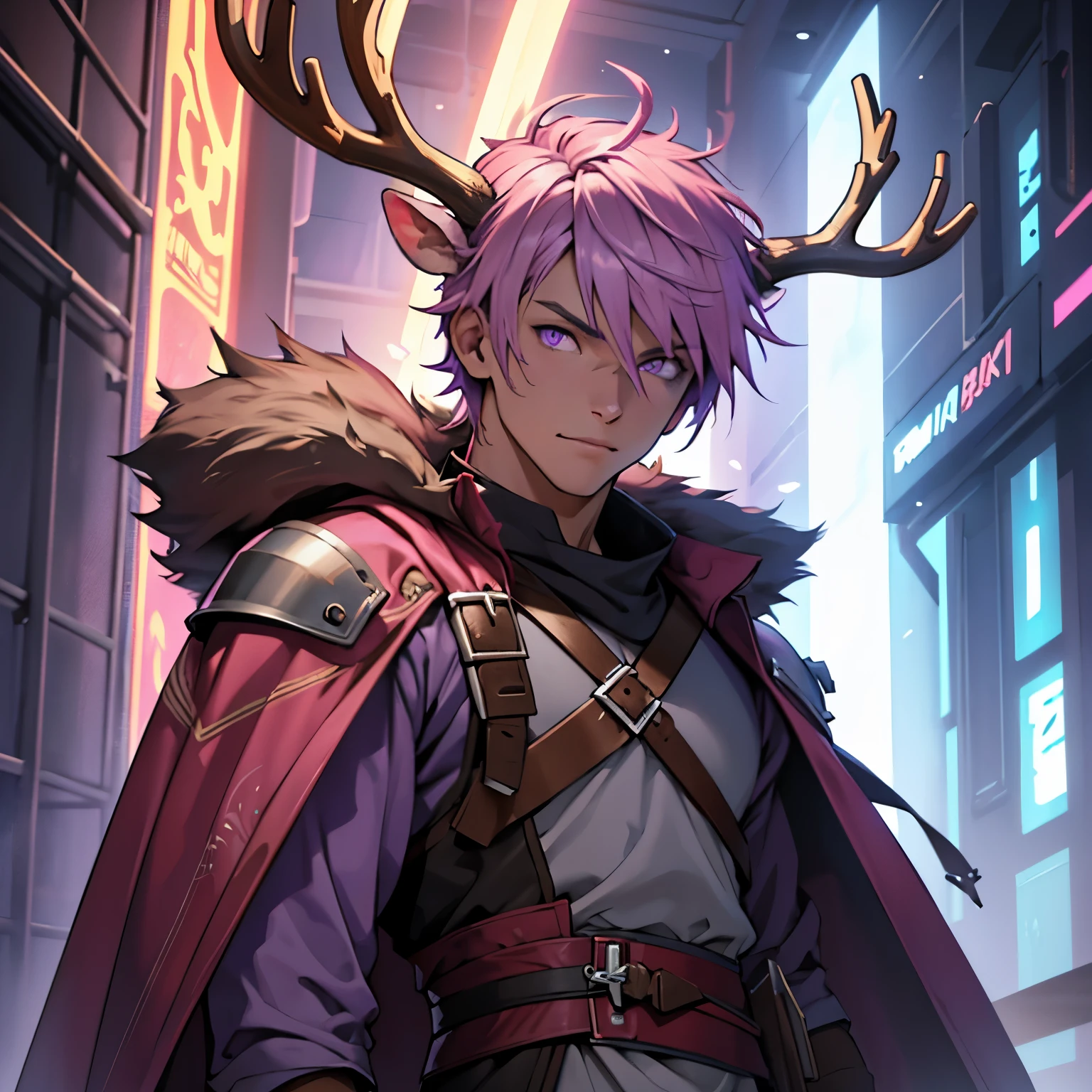 Young Male, Jedi Knight, Purple Cloak, Fur Hood, (( Deer Antlers )), Pink Hair, Short Hair, Purple Eyes, Plate Armor, Handsome, Standing, Deftly wielding a lightsaber, a long vibrant pink light coming from the holster, Facing the viewer, Confident Expression, high-res portrait, Fantasy, Vibrant Colors, dark lighting, Cinematic, Background, HDR, 3D, HD, Very Detailed, Masterpiece