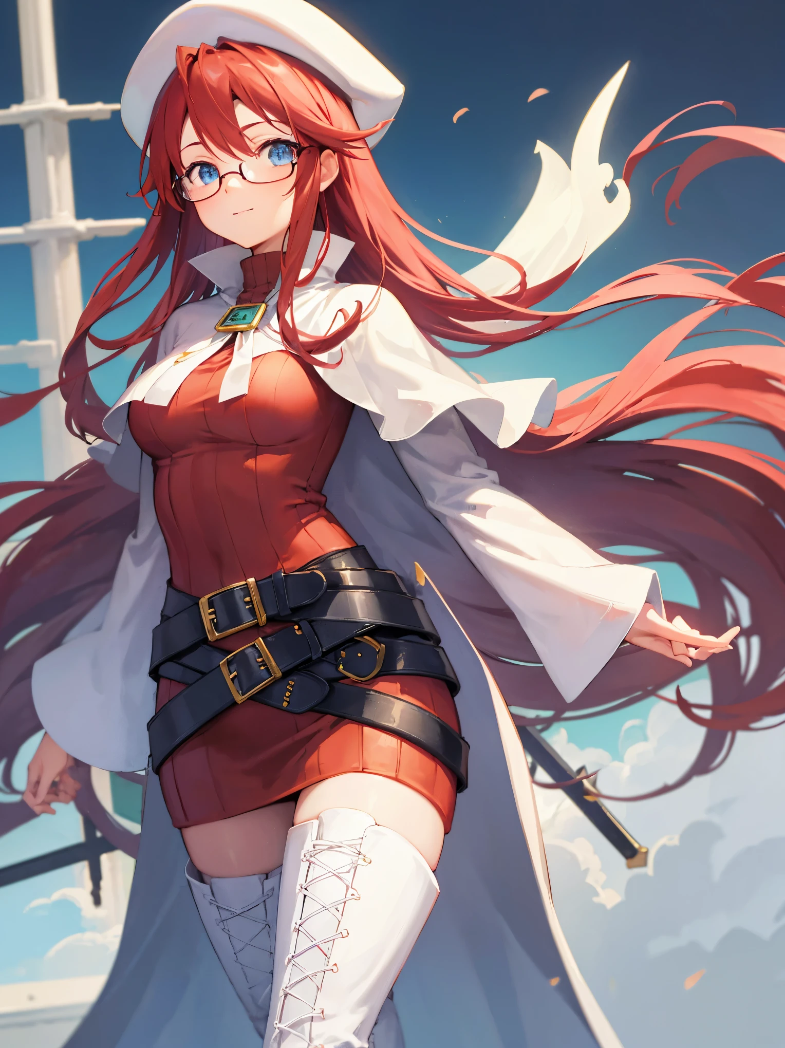 summonnightaty, aty, long hair, blue eyes, red hair, beret, hat, glasses,
BREAK long hair, thighhighs, hat, dress, boots, glasses, belt, cape, sweater, zettai ryouiki, beret, thigh boots, white footwear, ribbed sweater, loose belt,solo,
BREAK outdoors, fantasy,on_a_ship,
BREAK (masterpiece:1.2), best quality, high resolution, unity 8k wallpaper, (illustration:0.8), (beautiful detailed eyes:1.6), extremely detailed face, perfect lighting, extremely detailed CG, (perfect hands, perfect anatomy),covered_nipples,covered_navel,light_smile ,(half_eyes:1.4),sword,armpit,sleepy,dynamic_standing,barrel,red_sweater,apart_legs,magical_effect,back,