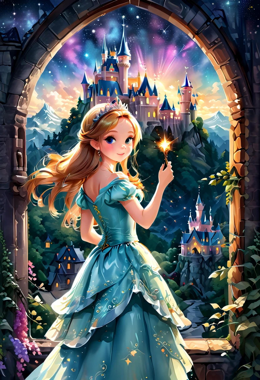 Magic princess holding a magic wand.Looking out from the castle window, the fairy tale kingdom castle has a luxurious and majestic appearance. Several flying elves under the bright starry sky make it even more colorful.