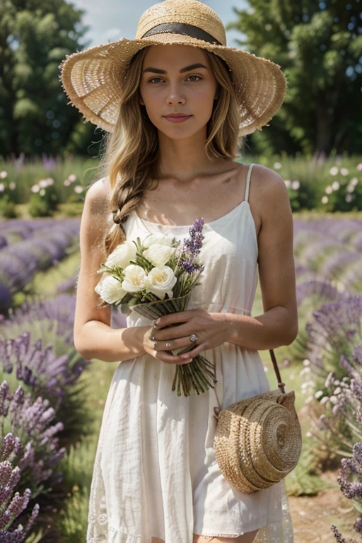 In a blooming lavender field, a woman with a rustic appearance and braided blonde hair wears a white linen dress adorned with lace, while gathering a bouquet of flowers with one hand and holding a straw hat with the other, radiating natural beauty and pastoral serenity.