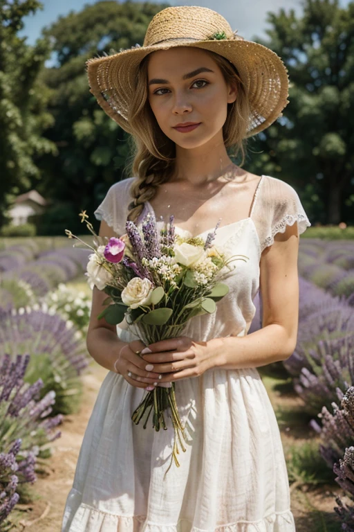 In a blooming lavender field, a woman with a rustic appearance and braided blonde hair wears a white linen dress adorned with lace, while gathering a bouquet of flowers with one hand and holding a straw hat with the other, radiating natural beauty and pastoral serenity.