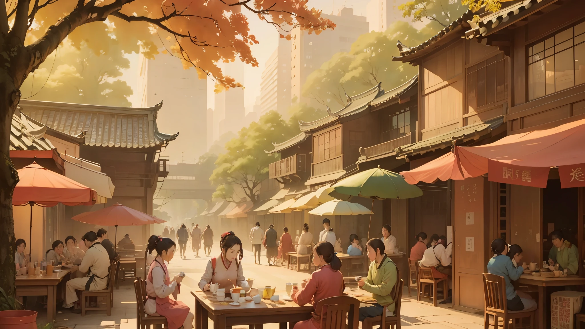 Watercolor painting of a street scene with people sitting at tables and drinking tea by Cui Zizhong, by Qu Leilei, Chinese traditional watercolor painting, Chinese watercolor style, watercolor style, Detailed watercolor painting, by Li Zai, Bian Shoumin, by Cao Buxing, by Lu Guang, by Huang Binhong, Describe the comfort of urban life in Chengdu,Rich in beauty,Everybody,the 90s,peaceful