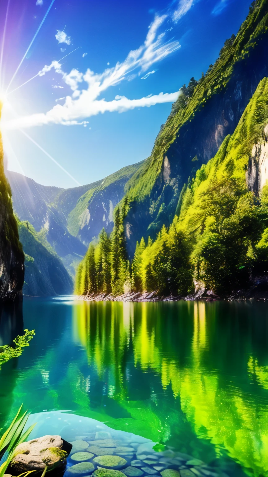 (logo、amazing、8K、table top、Raw photo、amazing、最high quality、フォトリアリスティックかつvery detailed、CG、high quality、very detailed、story poem、Particle Effects、Dynamic Effects、Text Boundary Depth、Cinematic Light、Lens flare、ray tracing、tabletop、real、ultra hd、fantasy）、beautiful water、splash of water、flow of water、Water swell、fantastic beauty、透き通ったgreen、The beauty and sparkle of water、水のtranquilityと美しさ、深いgreenと紫の空、Studded Stars、wonderfulWind景、Beautiful natural water、green、Wind、tranquility、wonder、wonderful、magic、best shadow