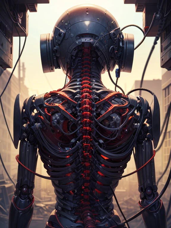 (an extremely devious and beautiful)),((partially destroyed mechanical humanoid)), (machine-made joints:1.4), ((mechanical limbs)), (blood vessels attached to the tube), ((mechanical spine attached to the back)), ((mechanical cervical vertebrae attached to the neck), exposed power core, (wires and cables attached to the head and body:1.5), cinematic light, science fiction, apocalypse, ruins, (CG illustration), (Highly detailed), (high resolution), (Best quality), (masterpiece)