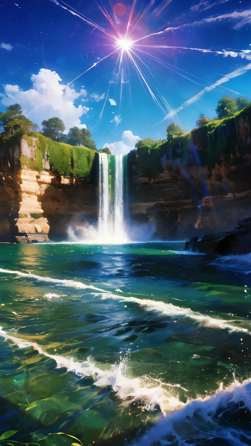 (logo、amazing、8K、table top、Raw photo、amazing、最high quality、フォトリアリスティックかつvery detailed、CG、high quality、very detailed、story poem、Particle Effects、Dynamic Effects、Text Boundary Depth、Cinematic Light、Lens flare、ray tracing、tabletop、real、ultra hd、fantasy）、beautiful water、splash of water、flow of water、Water swell、fantastic beauty、透き通ったgreenい水の美しさと輝き、The tranquility and beauty of water、wonderfulWind景、Beautiful natural water、green、Wind、wonder、wonderful