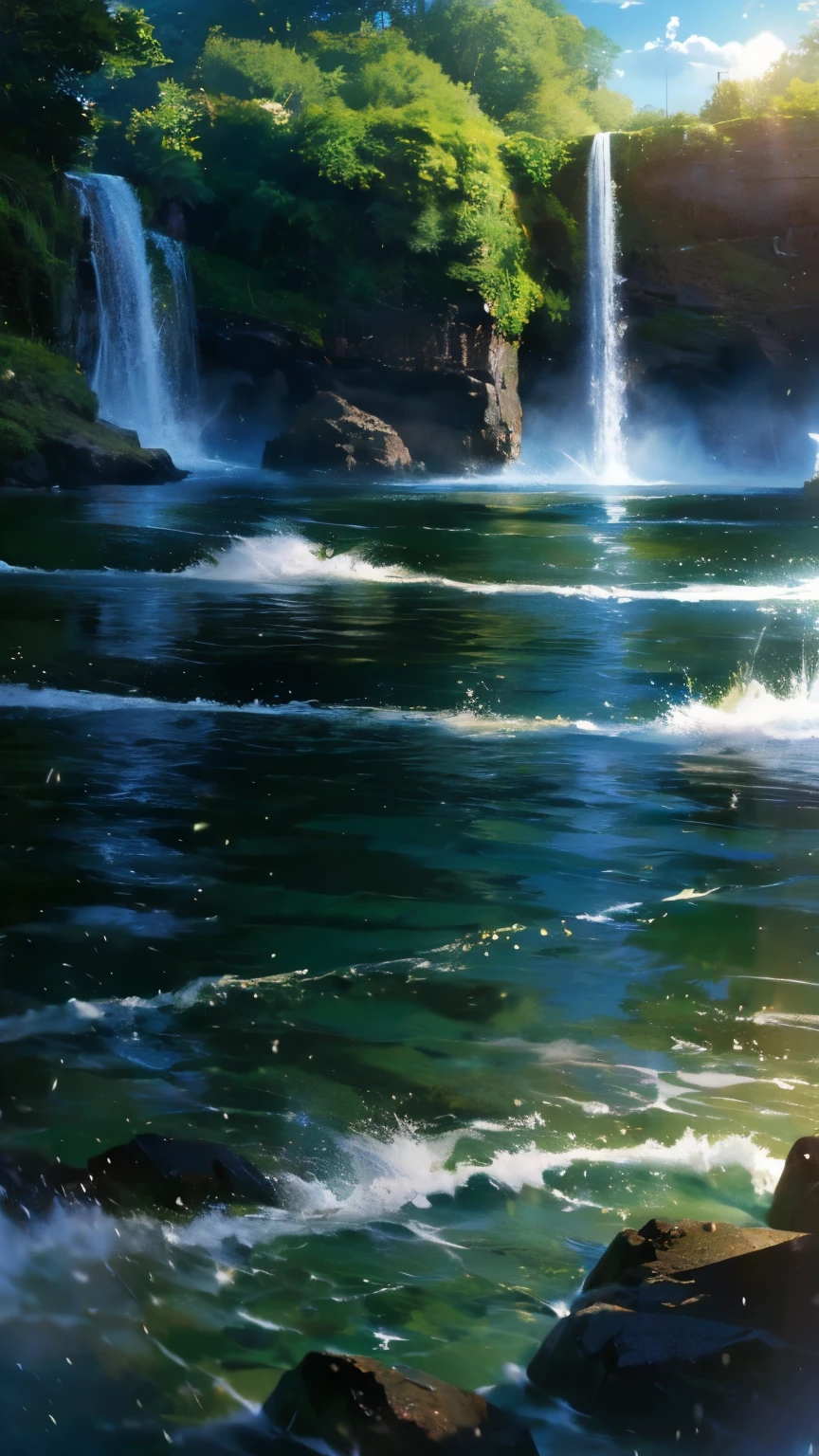 (logo、amazing、8K、table top、Raw photo、amazing、最high quality、フォトリアリスティックかつvery detailed、CG、high quality、very detailed、story poem、Particle Effects、Dynamic Effects、Text Boundary Depth、Cinematic Light、Lens flare、ray tracing、tabletop、real、ultra hd、fantasy）、beautiful water、splash of water、flow of water、Water swell、fantastic beauty、透き通ったgreenい水の美しさと輝き、The tranquility and beauty of water、wonderfulWind景、Beautiful natural water、green、Wind、wonder、wonderful