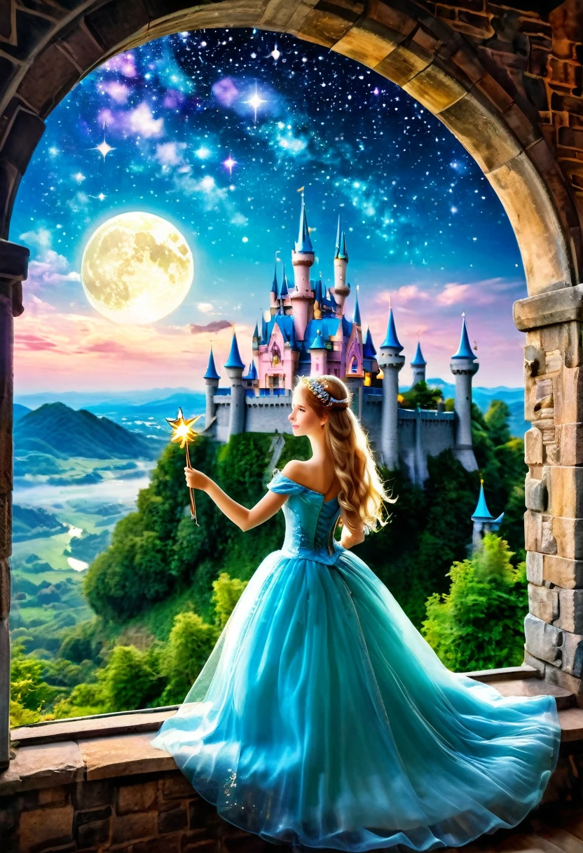 Magic princess holding a magic wand.Looking out from the castle window, the fairy tale kingdom castle has a luxurious and majestic appearance. Several flying elves under the bright starry sky make it even more colorful.