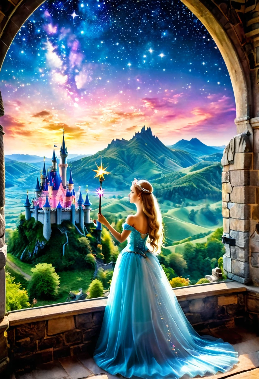 Magic princess holding a magic wand.Looking out from the castle window, the fairy tale kingdom castle has a luxurious and majestic appearance. Several flying elves under the bright starry sky make it even more colorful.