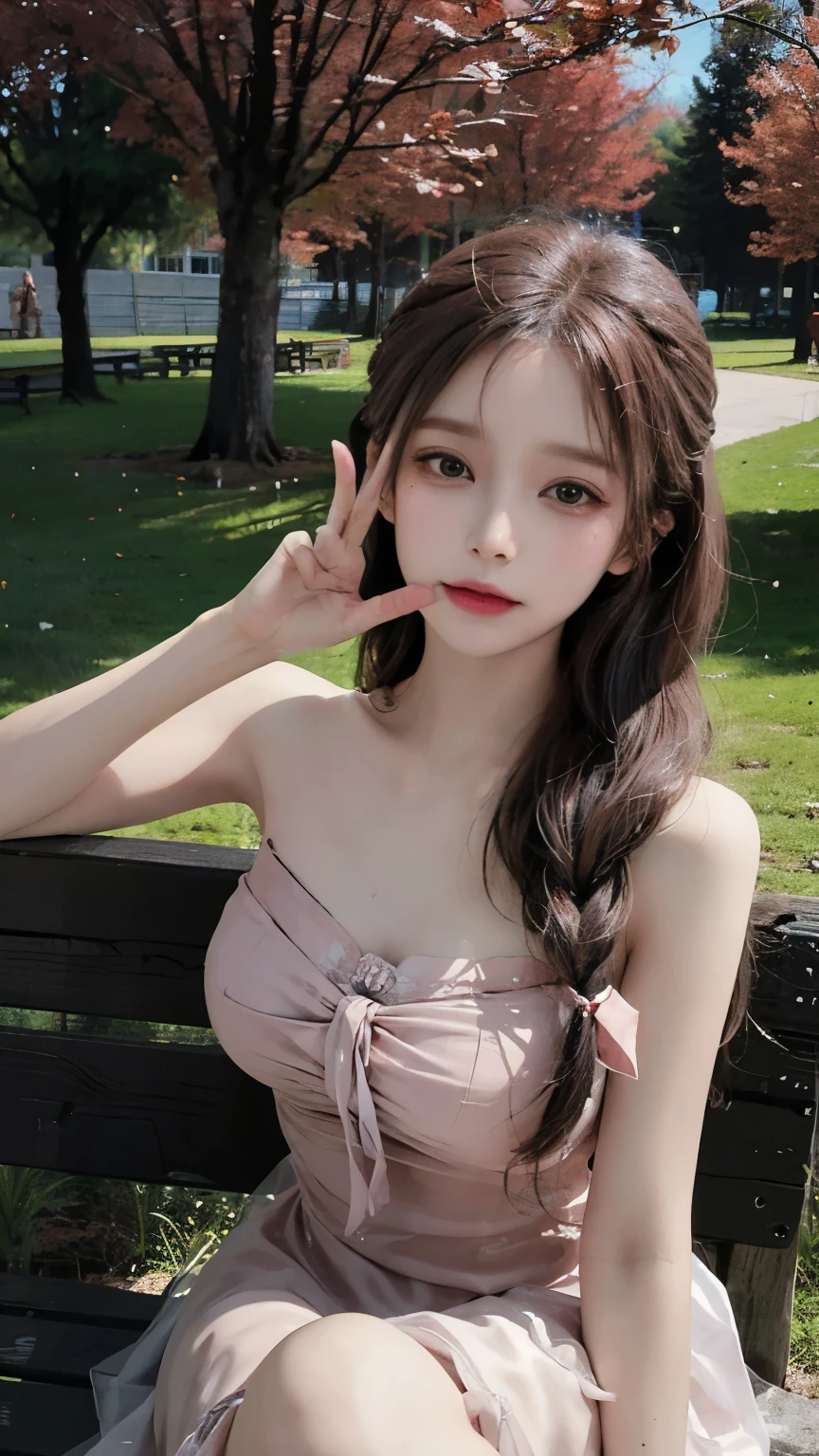 (1girl:1.3), sexy pose, slim body, (photorealistic:1.4), (masterpiece, top quality, best quality, official art), extreme detailed, highest detailed, (ultra-detailed), ((an extremely delicate and beautiful)), cinematic light, (realisticlying:1.3), (highdetailskin:1.2), high resolution, 8K UHD, 4K, 8K, Bokeh, digital SLR camera, absurderes, Optimal proportions of four fingers and one thumb, in the park with trees,sitting on bench, ((silky long hair)), (brown hair), tears, beautiful face, perfect face, highly detailed beautiful face, Cute, shy,blush, dynamic angle, from above,looking at viewer, wearing Tulle Overlay Camisole dress