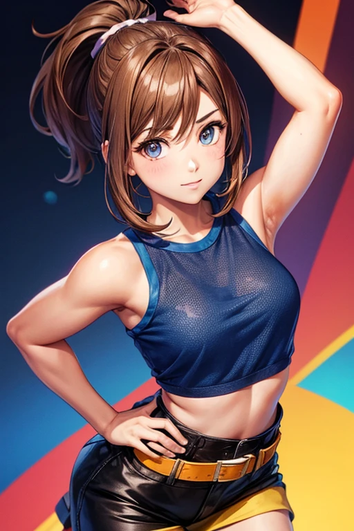 solo1 chica,de pie,pelo largo,cuerpo de contextura media,brown hair in a ponytail, ojos azules, solo un mechon largo