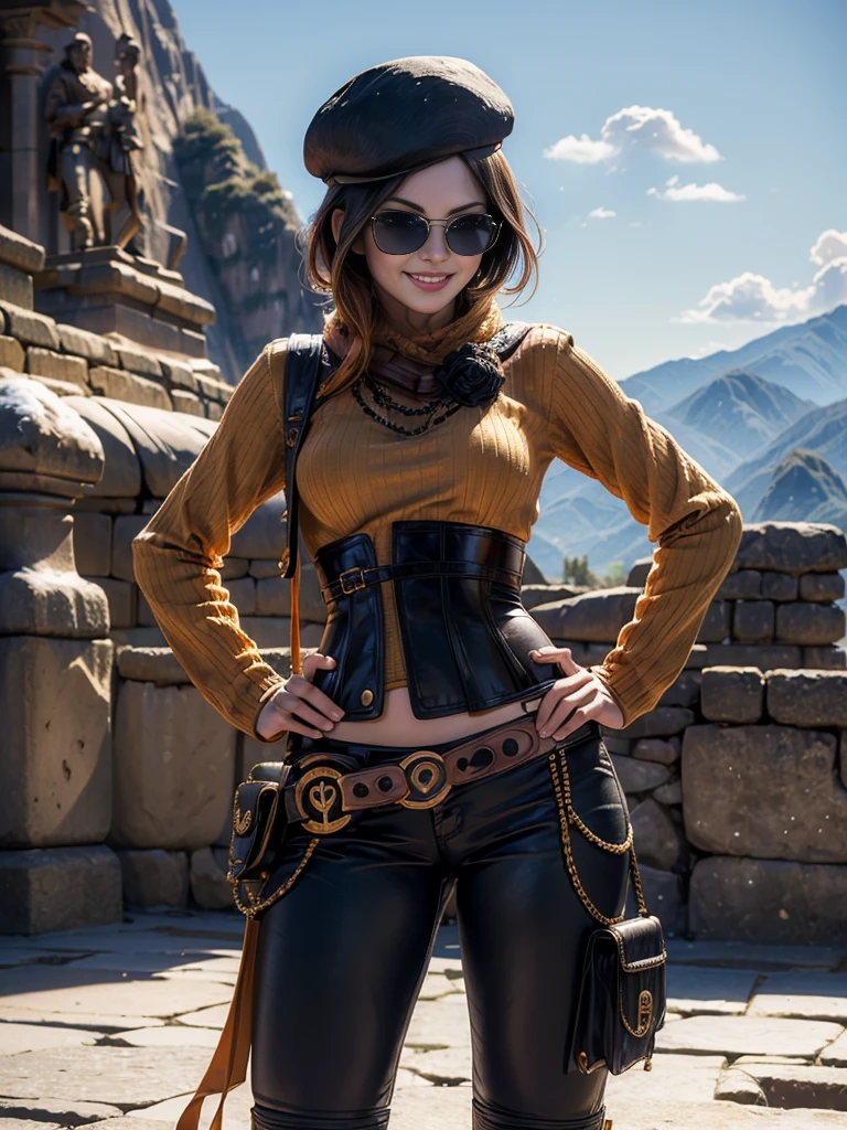 (masterpiece,stunning girlfriend, (standing:1.1), dynamic pose, heart shaped face,elegant face, beautiful face, highly detailed face, highly detailed skin, skin pores, subsurface scattering, realistic pupils, loving smile, looking at viewer, full lips, detailed background, depth of field, atmospheric perspective, volumetric lighting, sharp focus, absurdres, realistic proportions, good anatomy, (realistic, hyperrealistic:1.4), 16k hdr, (masterpiece, best quality:1.2), cowboy shot, solo, 1girl, coco adel, grin, looking at viewer, hand on hip, beret, sunglasses, orange sweater, corset, black gloves, pants, jewelry, belt, bandolier,  standing outdoors, Machu Picchu, peru, snow