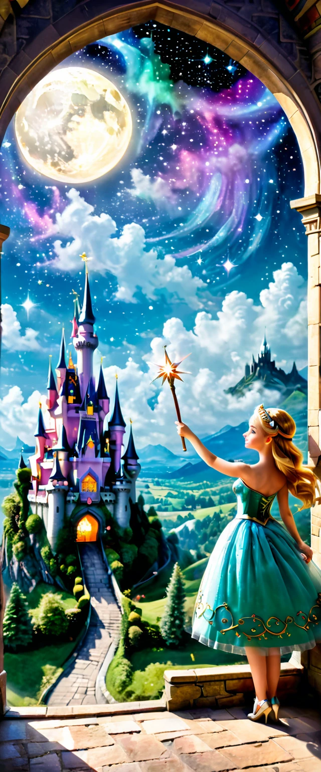 Magic princess holding a magic wand.Looking out from the castle window, the fairy tale kingdom castle has a luxurious and majestic appearance. Several flying elves under the bright starry sky make it even more colorful.