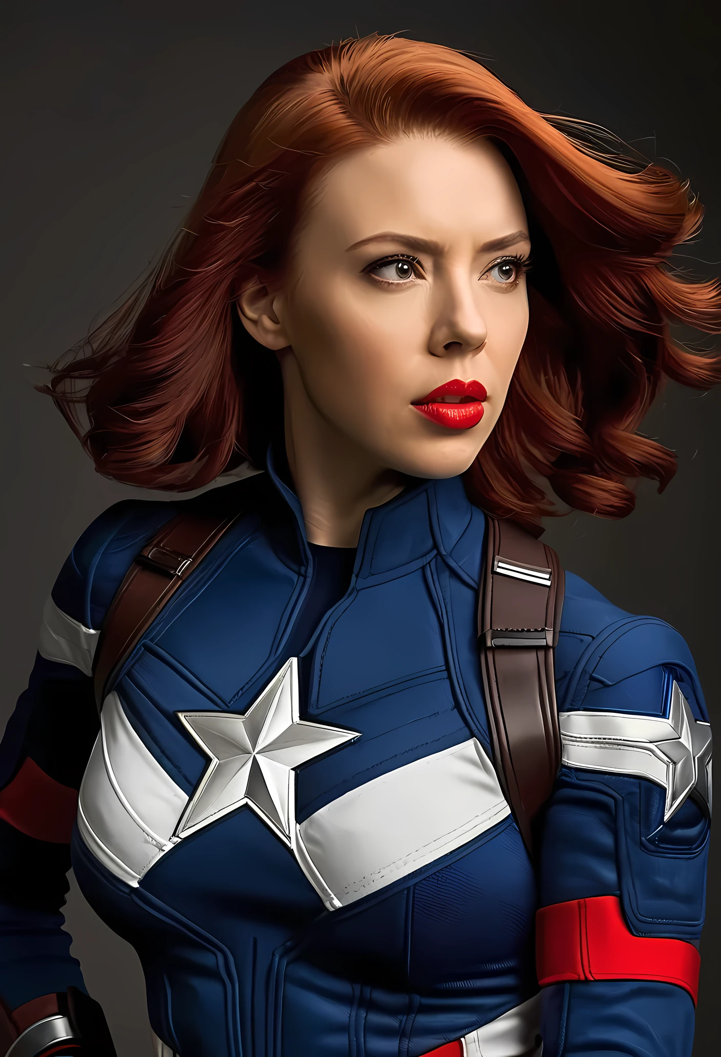 (Foto CRU, Melhor qualidade), (realista, foto fotorrealista: 1.3), Melhor qualidade, altamente detalhado, obra de arte, ultra detalhado, illustration, Maravilha cinematic universe, Maravilha, captain America + Black Widow's unique combination, Scarlett Johansson, Beautiful Natasha Romanova in blue and white Captain America costume without Captain America helmet, pequeno sorriso, dando pose para fotografia, tronco, detalhes altos no vestido, Melhor qualidade, Papel de parede CG unificado 8k extremamente detalhado, Tinta, Incredible, tough look, retrato, fechar-se (textura da pele), intrinsecamente detalhado, detalhes finos, hiperdetalhado.