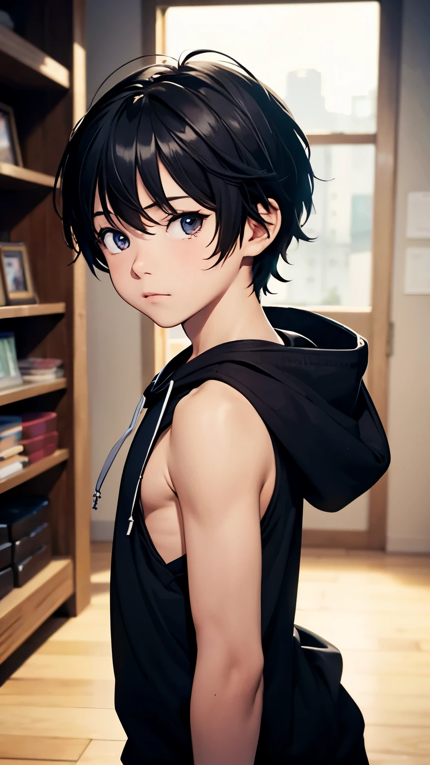 highres,Masterpiece， Best quality at best,Best Quality,hight quality, hight detailed, realistic, photorealistic, Anime style, 1boy,  Boy, indoor, Cheerful boy, Sleeveless hoodie, boy focus, body, Seen from side, Bare shoulder, Uhd, Bokeh, Ray tracing