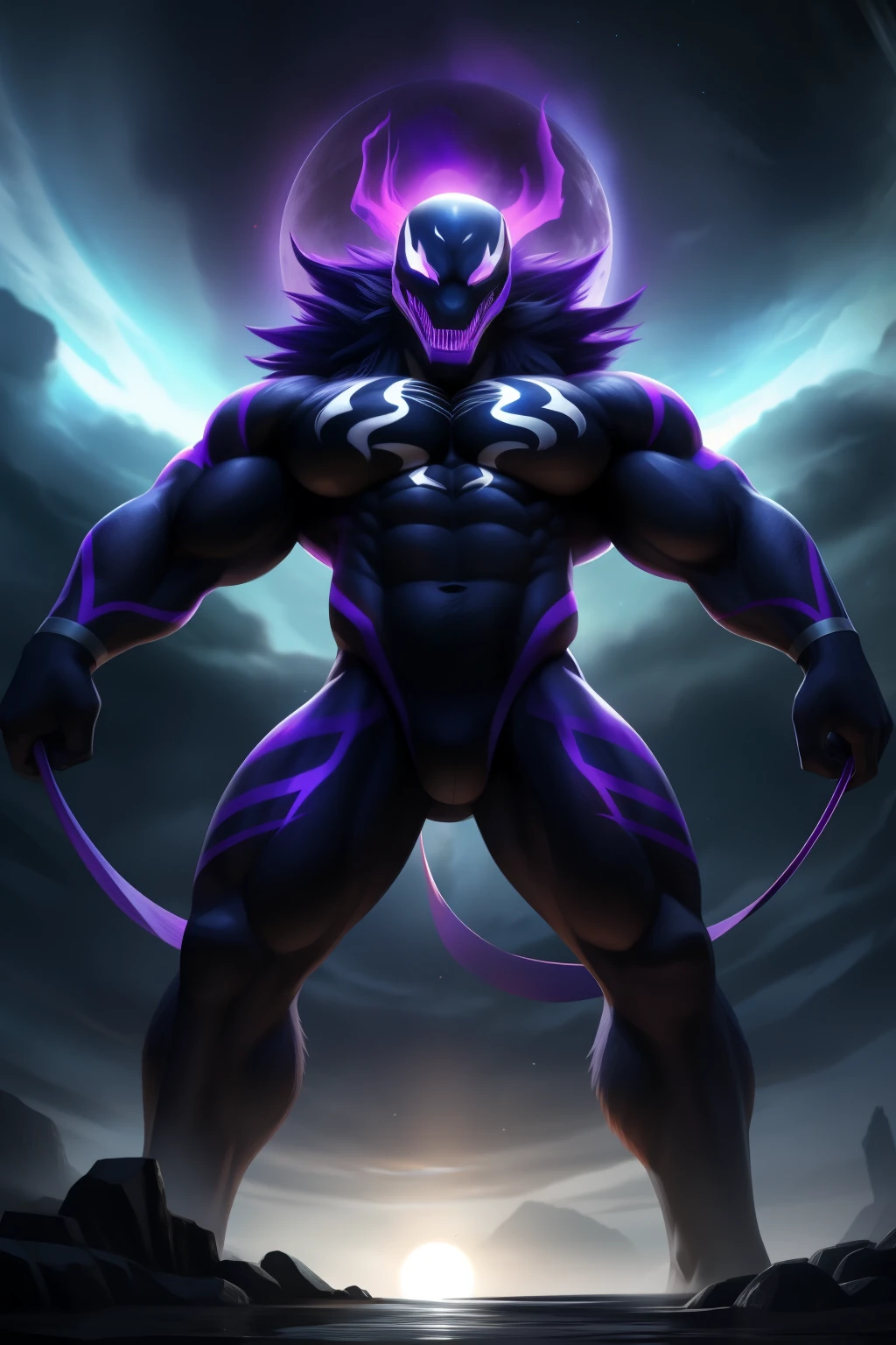 In this hyper realistic masterpiece, witness the astonishing fusion of half Venom and half Super Sonic, with muscles so detailed and prominent they practically burst from the screen. Admire the intricate and delicate facial features, from the pleasured expression on the pleasured face to the mesmerizing, luminescent green veins that course through the entire body. The vibrant purple eyes blaze with intensity, captivating the viewer's gaze. Set against the backdrop of a total solar eclipse, the scene is bathed in an otherworldly, dramatic atmosphere. Every detail is rendered with the highest quality, utilizing advanced techniques and the unreal engine to bring this trending artwork to life. This full-body depiction showcases the muscular physique, with the idle standing pose conveying strength and power. Prepare