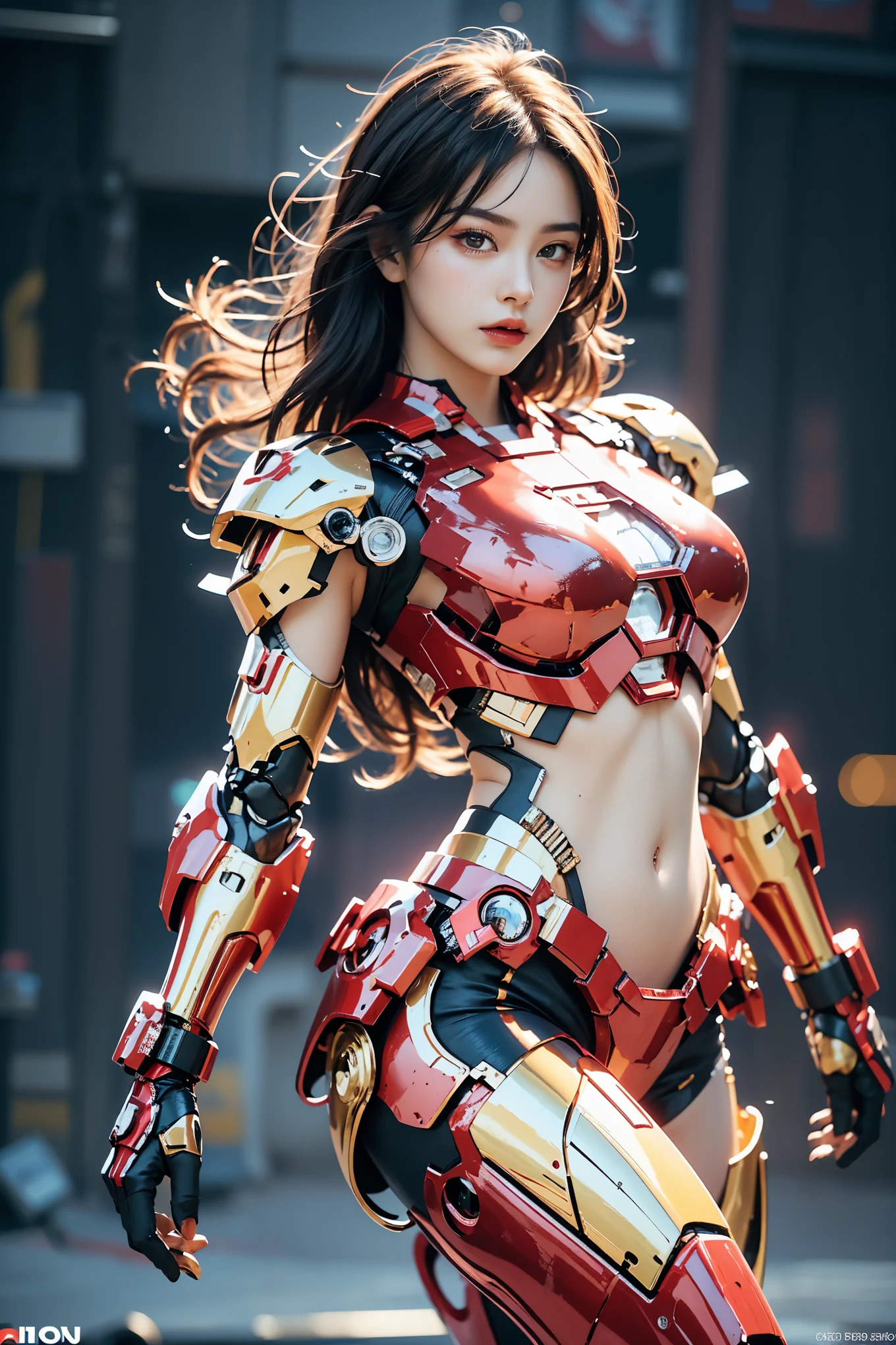  1girl Wearing bikini Iron Man mecha,Like Iron Man,bikini Iron Man mecha armor, revealing a sexy lower abdomen, with full body metal armor, bare belly, belly open, Completely exposed abdomen,midriff,stomach,beautiful girl, super high resolution (photorealistic: 1.4), cosmetics, ground stay, realism, cinematic lighting, ray tracing, anatomically correct, textured skin, High Detail, Award Winning, Best Quality, 8K, Super Detailed, Stunningly Beautiful,, Dynamic Poses, Refined Faces, Vibrant Eyes, High Detailed Skin, Realistic Skin Details, Visible Pores, Sharp Focus, Volumetric Fog , 8k Ultra HD, DSLR, High Quality, Real Skin, Photo Realism, Photography，red makeup