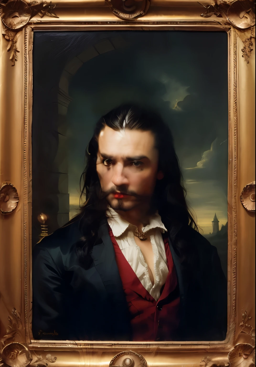um close de uma pintura de um homem com cabelo comprido, pedra, paul pedra, Jean-Sébastien Rossbach, epic portrait of menacing, inspirado em Francesco Hayez, retrato de um vampiro, retrato renascentista realista, kramskoy 4k, um retrato do personagem, fantasy genre portrait, Retrato de Vampiro, inspirado em Dino Valls