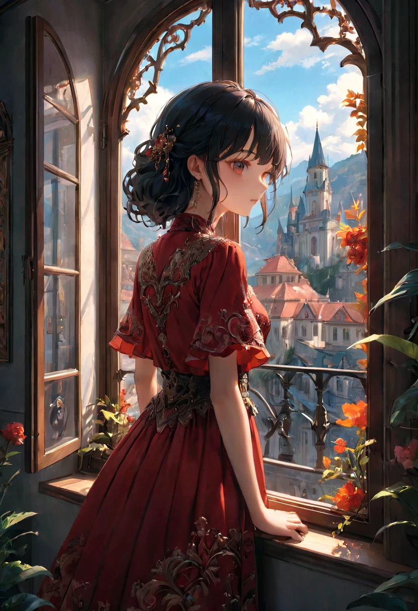 1girl, The View Outside the Window, The view through a window to a magical world, Epic cinematic brilliant stunning intricate meticulously detailed dramatic atmospheric maximalist digital matte painting . masterpiece, best quality, very aesthetic, absurdres, aesthetic