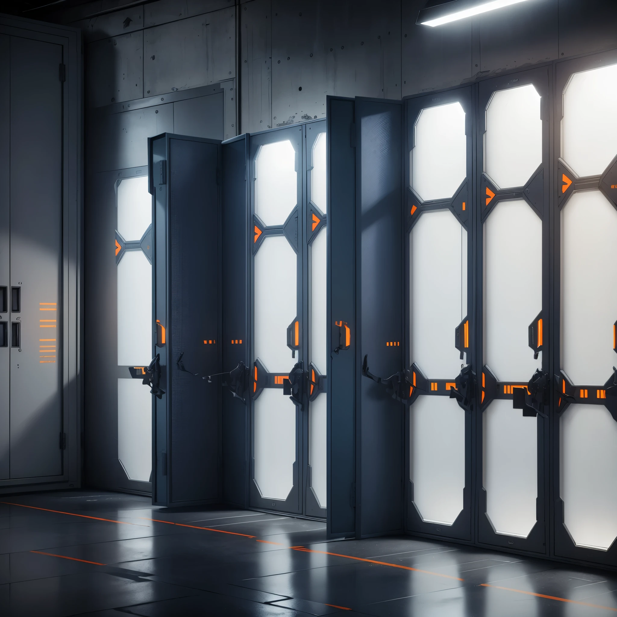 the call of duty armory is a dark room with white lights and not windows, there are weapon cases, military boxes in blue color, military boxes in orange color, no people,
